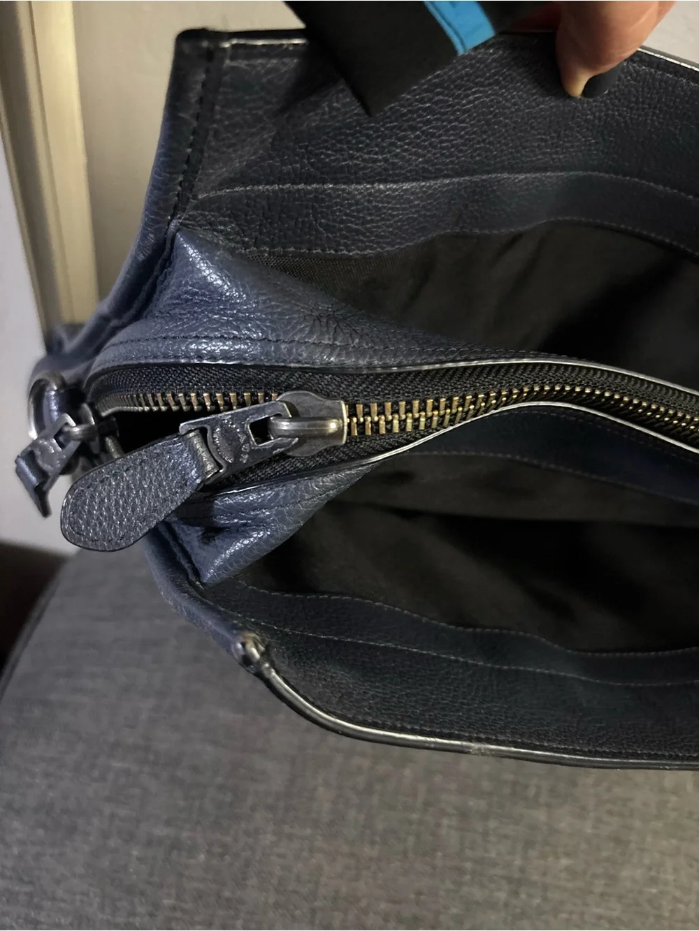 Coach Smith Navy Pebble Leather Briefcase with Detachable Strap.